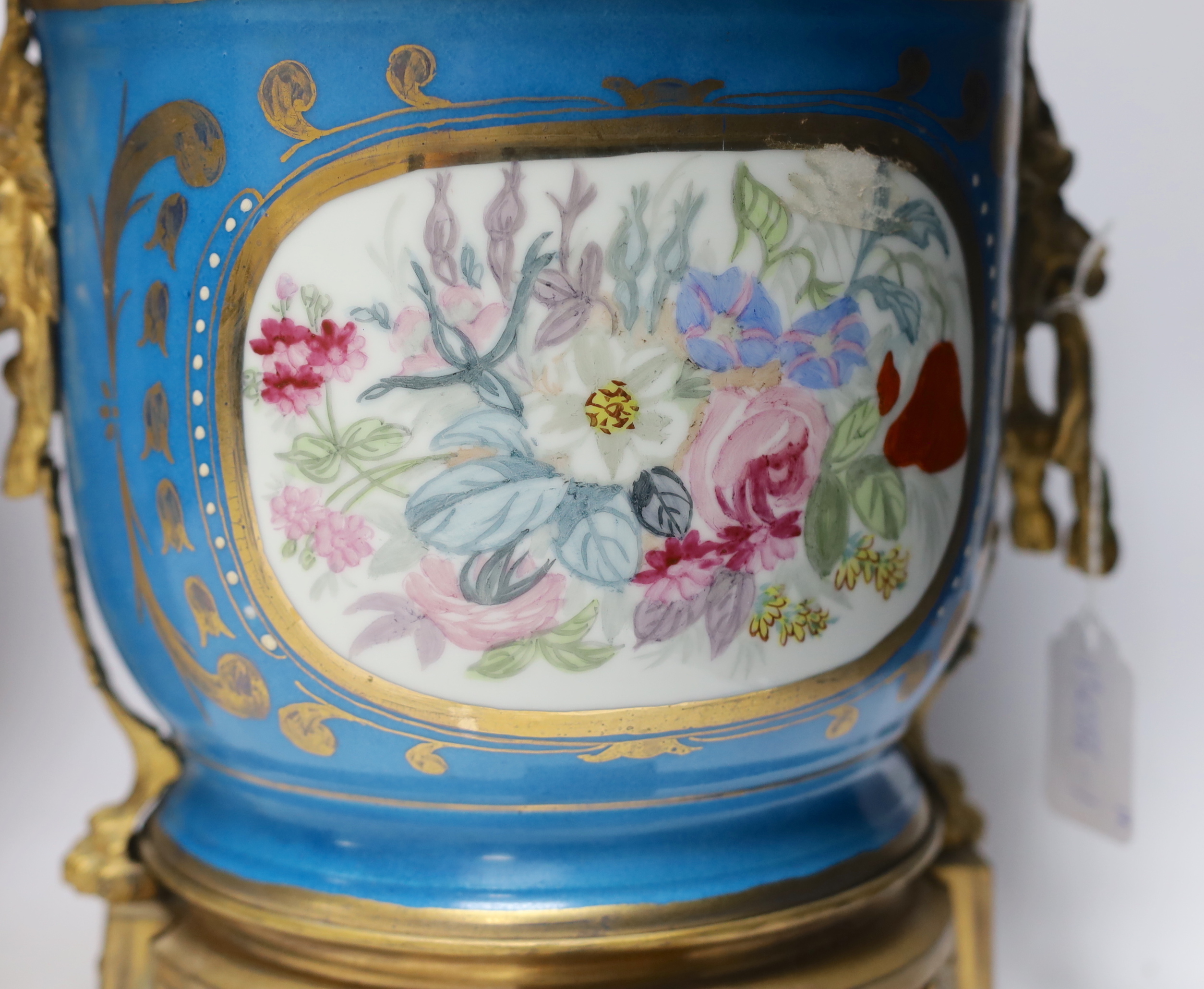 A pair of ormolu mounted Sevres style cache pots, 29cm high